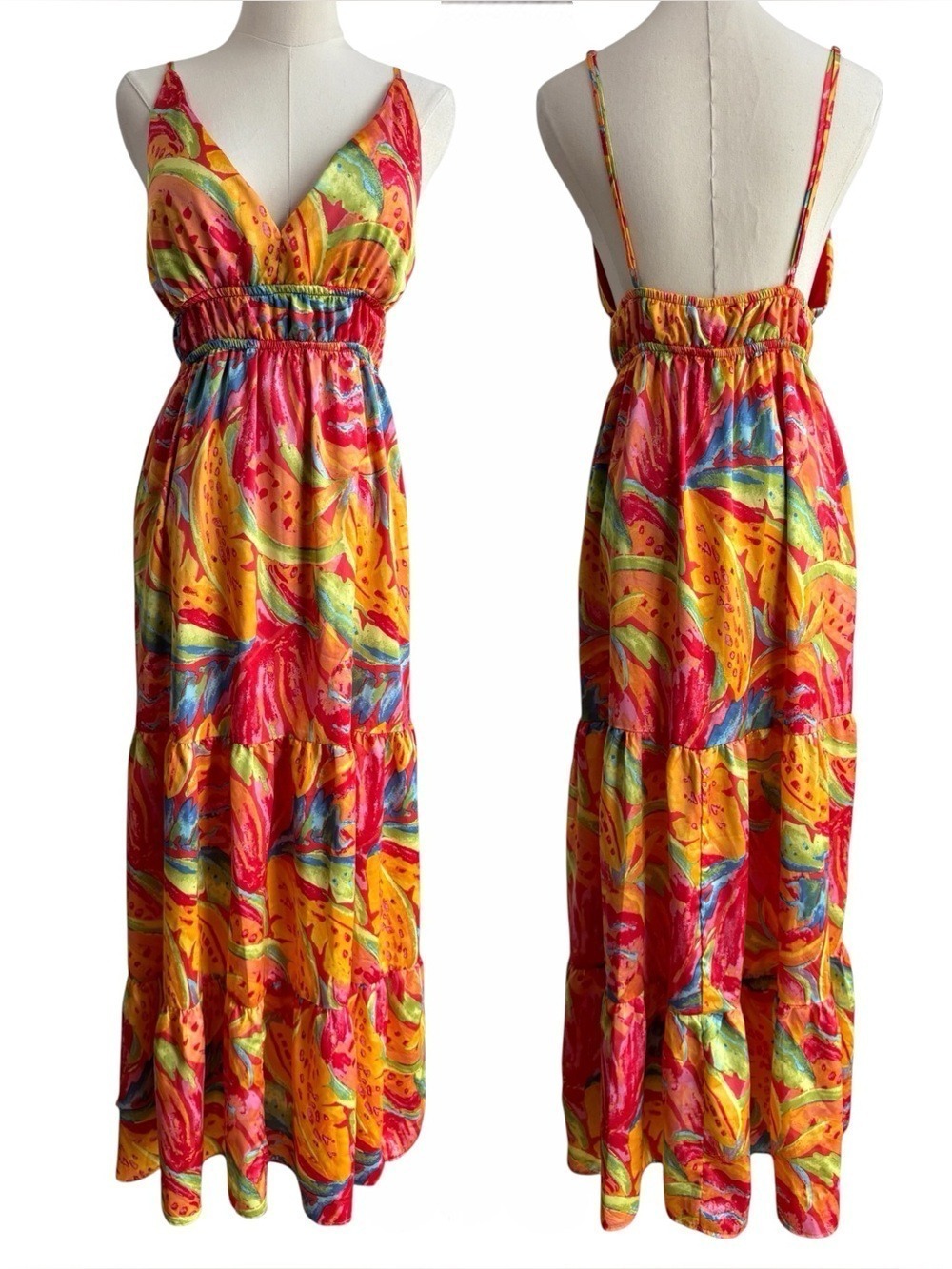 Tropical Fruit Print Maxi Dress Sz M Colourful Mango Vacation Tiered Sundress